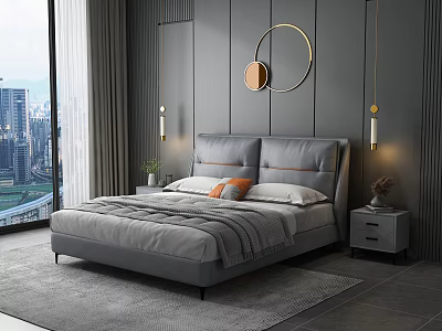 Modern Double Bed With Gray Headboard Orange Cushions Nightstand And City View 3d model