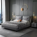 Modern Double Bed With Gray Headboard Orange Cushions Nightstand And City View