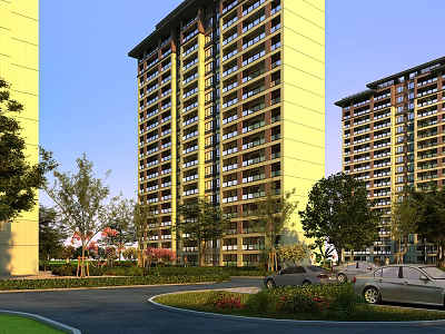 Modern High Rise Residential Building With Trees Greenery And Parked Cars 3d model