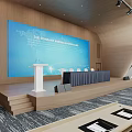Modern Conference Room Interior Design With Curved Lines Wooden Wall Paneling Arranged Seats And Lighting