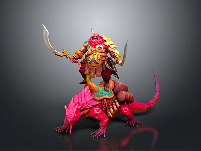 Game Movie Warrior Character Riding Pink Lizard With Gold Red Armor And Dual Scimitars 3d model