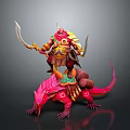 Game Movie Warrior Character Riding Pink Lizard With Gold Red Armor And Dual Scimitars
