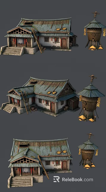 Traditional Country House With Tile Roof Wooden Ladder And Stone Steps Water Well 3d model 