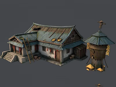 Traditional Country House With Tile Roof Wooden Ladder And Stone Steps Water Well 3d model