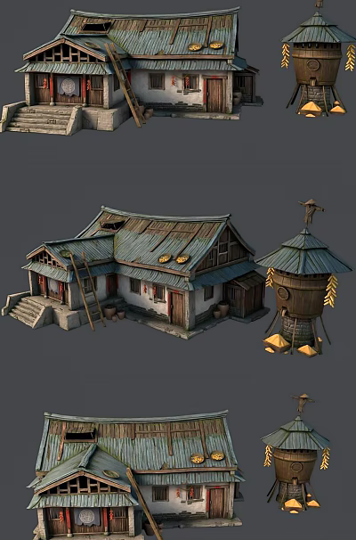 Traditional Country House With Tile Roof Wooden Ladder And Stone Steps Water Well 3d model