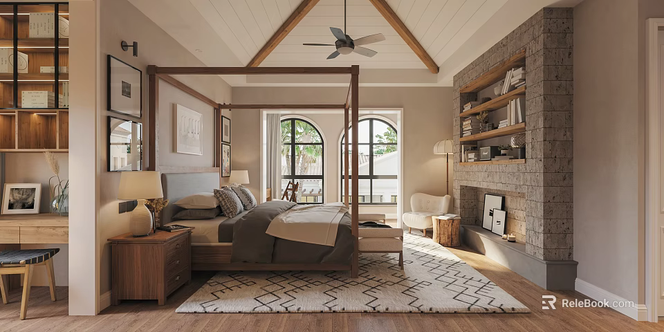 Rustic Bedroom Interior With Canopy Bed Wooden Furniture Fireplace And Geometric Rug 3d model 