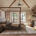 Rustic Bedroom Interior With Canopy Bed Wooden Furniture Fireplace And Geometric Rug