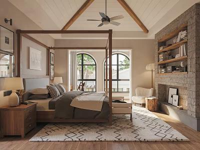Rustic Bedroom Interior With Canopy Bed Wooden Furniture Fireplace And Geometric Rug 3d model