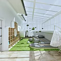 Kindergarten Classroom Interior With Green Wall Decor Colorful Pendant Lights And Child Friendly Furniture