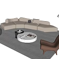 Modern Beige L-shaped Sofa and Round White Coffee Table with Accent Chair Gray Striped Rug