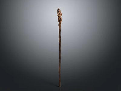 Handcrafted Wooden Staff With Intricate Carved Top And Natural Brown Texture 3d model