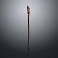 Handcrafted Wooden Staff With Intricate Carved Top And Natural Brown Texture
