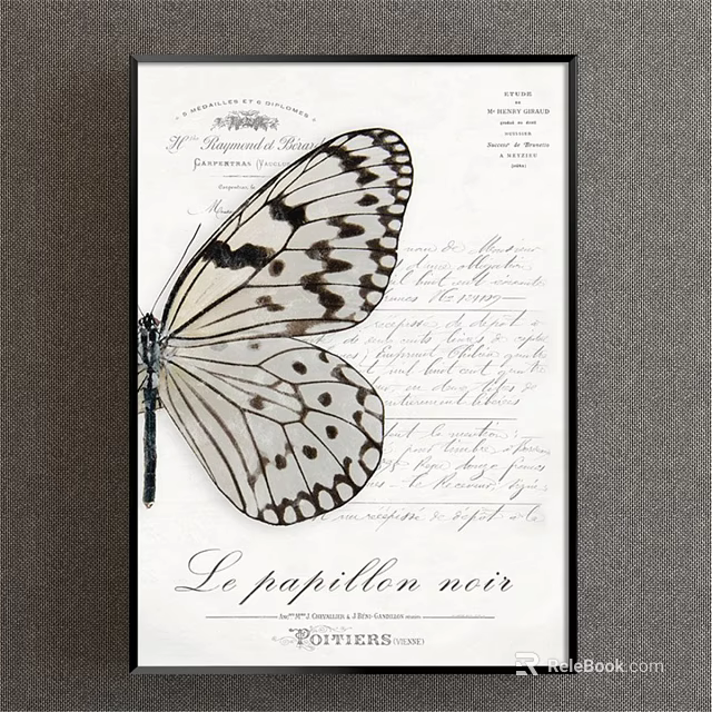 Vintage Framed Butterfly Painting With Black White Spots Stripes On Handwritten Paper 3d model 