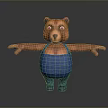 Cute 3D Brown Cartoon Bear In Blue Overalls With Arms Outstretched And Friendly Expression
