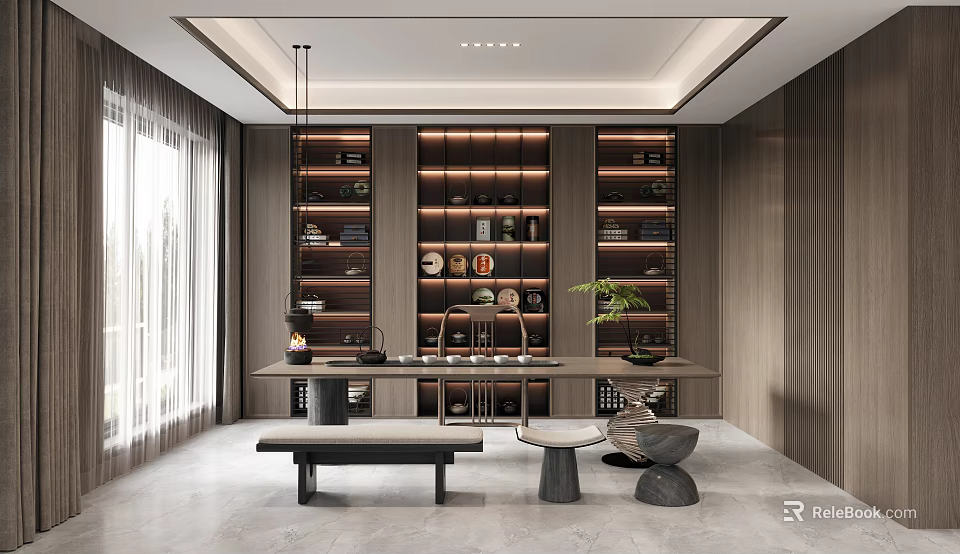 Modern Tea Room Interior With Wooden Bookshelves Tea Sets And Green Plant 3d model 