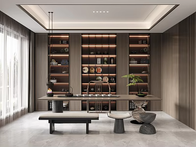 Modern Tea Room Interior With Wooden Bookshelves Tea Sets And Green Plant 3d model