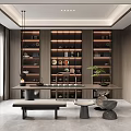 Modern Tea Room Interior With Wooden Bookshelves Tea Sets And Green Plant