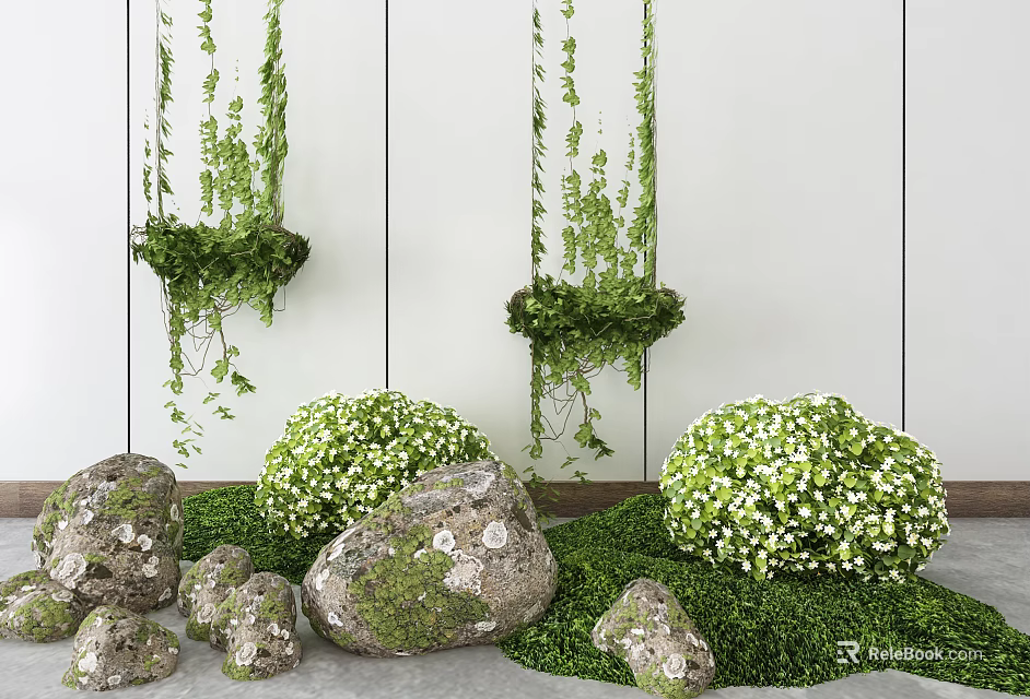 Charming Garden Decor with Hanging Vines Round Bushes and Moss Covered Rocks Against White Walls 3d model 