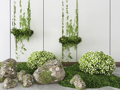 Charming Garden Decor with Hanging Vines Round Bushes and Moss Covered Rocks Against White Walls 3d model