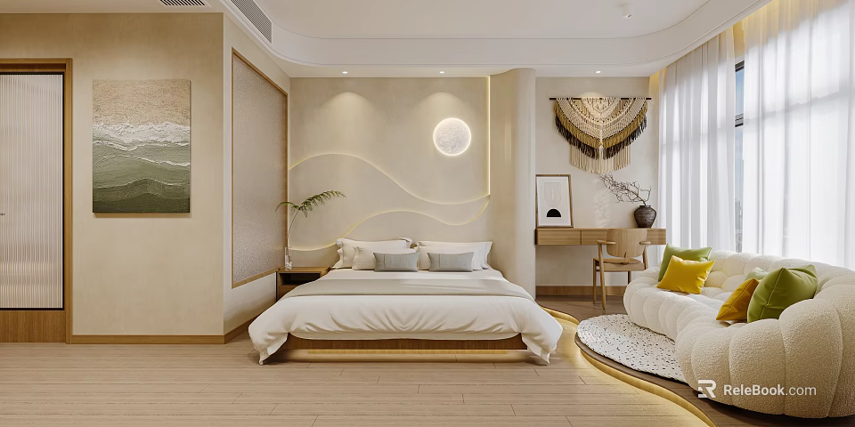Modern Cozy Hotel Guest Room Interior With Comfortable Bed Round Lamp Desk Sofa Wooden Flooring 3d model 