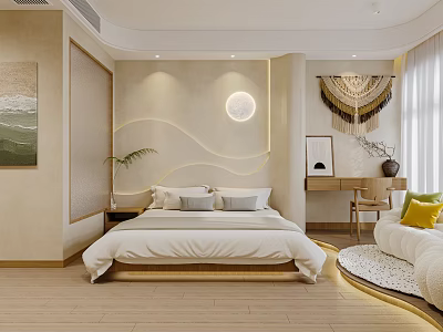 Modern Cozy Hotel Guest Room Interior With Comfortable Bed Round Lamp Desk Sofa Wooden Flooring 3d model