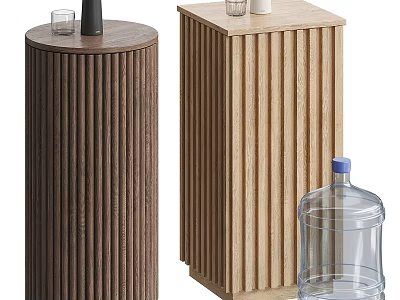 Modern Wooden Washbasins Cylindrical And Rectangular Design With Cups And Water Bottle 3d model
