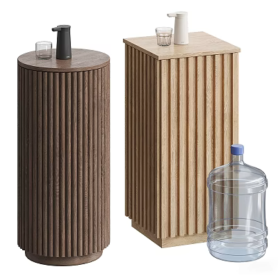 Modern Wooden Washbasins Cylindrical And Rectangular Design With Cups And Water Bottle 3d model