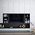 Modern White and Black TV Cabinet With Open Storage Compartments Books Decorative Items and Vase
