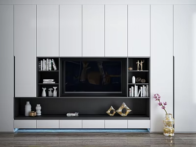 Modern White and Black TV Cabinet With Open Storage Compartments Books Decorative Items and Vase 3d model
