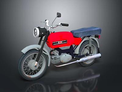 Classic Vintage Red Motorcycle With Blue Seat Black Handlebars And Silver Wheels 3d model