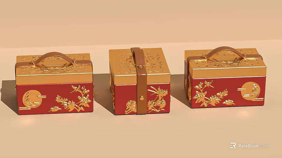 Red And Gold Decorative Boxes With Intricate Floral Patterns And Handles 3d model 