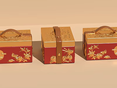 Red And Gold Decorative Boxes With Intricate Floral Patterns And Handles 3d model