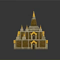 Cartoon Scene of Multi Tiered Brick Building with Golden Spires on Green Grass Sandy Ground