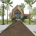 Modern Detached Villa With Wooden Exterior Glass Doors Palm Trees And Brick Pathway