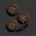 Medieval Wooden Shield With Metal Accents And Barrels In Background