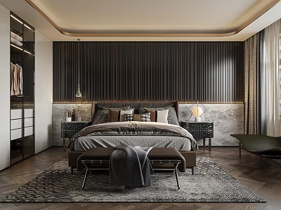 Elegant Modern Bedroom Interior With Wooden Slatted Wall Large Bed And Area Rug 3d model