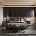 Elegant Modern Bedroom Interior With Wooden Slatted Wall Large Bed And Area Rug