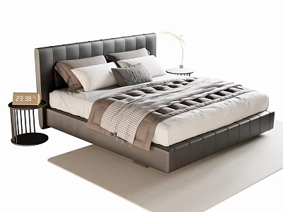 Double Bed with Leather Headboard Multiple Pillows Plaid Blanket Bedside Table and Lamp Light Rug 3d model