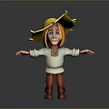 3D Animated Character With Yellow Wide Brim Hat Orange Hair White Shirt And Red Shoes