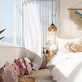 Hotel Guest Room Featuring White Curtains Woven Lampshade White Pillows Colorful Cushions And Woven Decor