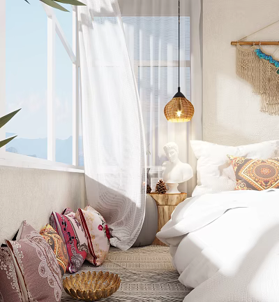 Hotel Guest Room Featuring White Curtains Woven Lampshade White Pillows Colorful Cushions And Woven Decor 3d model