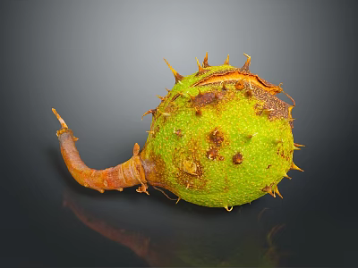 Spiky Green Plant Fruit With Brown Spots And Withered Stem On Dark Background With Reflection 3d model