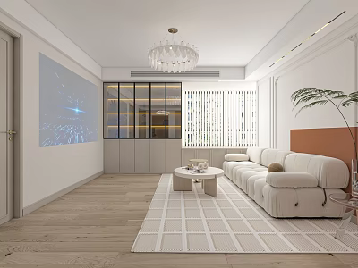 Elegant Modern Living Dining Room Interior With White Sofa Area Rug And Crystal Chandelier 3d model