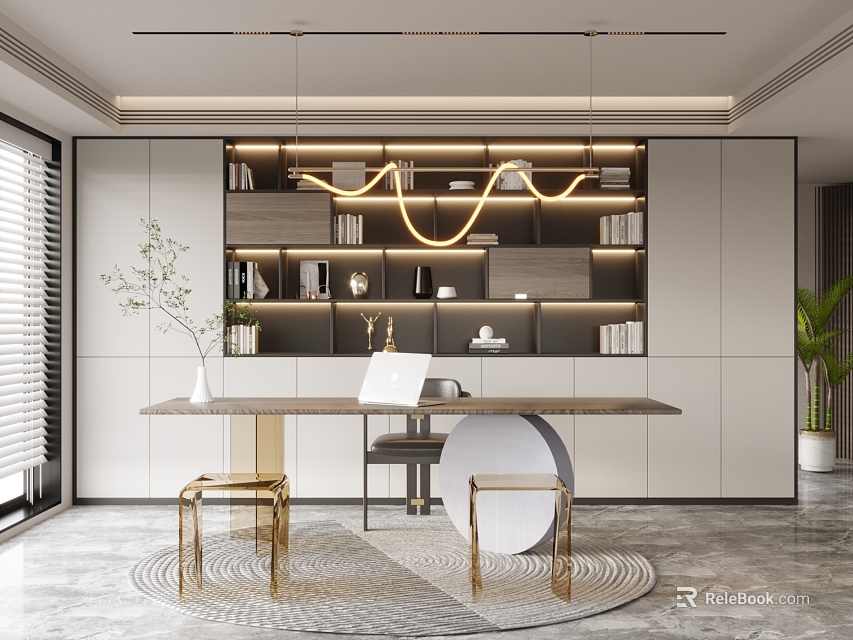 Elegant Modern Study Room Interior Design With Shelves Desk Chairs Plant And Lighting 3d model 