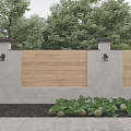 Garden Landscape Featuring Wooden Fence Stone Wall Pillars Wall Lamps And Vegetable Plants