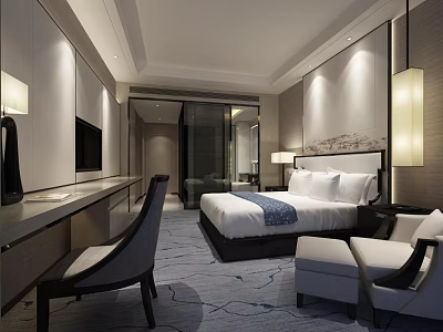 Hotel Guest Room Featuring Comfortable Bed Flat Screen TV Writing Desk And Comfy Sofa 3d model