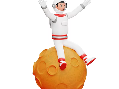 Animated Game Movie Smiling Astronaut Character Raising Hands on Orange Planet with Craters 3d model