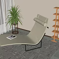 Beige Modern Lounge Chair With Green Plant Magazine And Wooden Bookshelf In Indoor Space