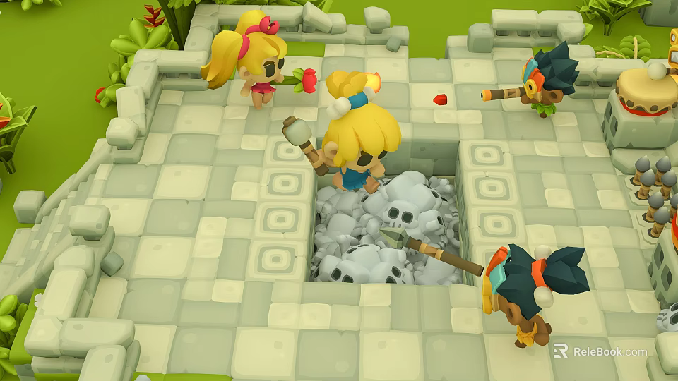Cartoon Characters Digging in Skull Pile on Stone Brick Floor with Axes 3d model 
