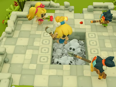 Cartoon Characters Digging in Skull Pile on Stone Brick Floor with Axes 3d model